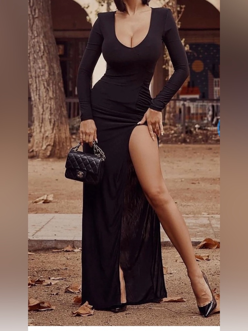 Chic Black Long-Sleeve Slit Maxi Dress